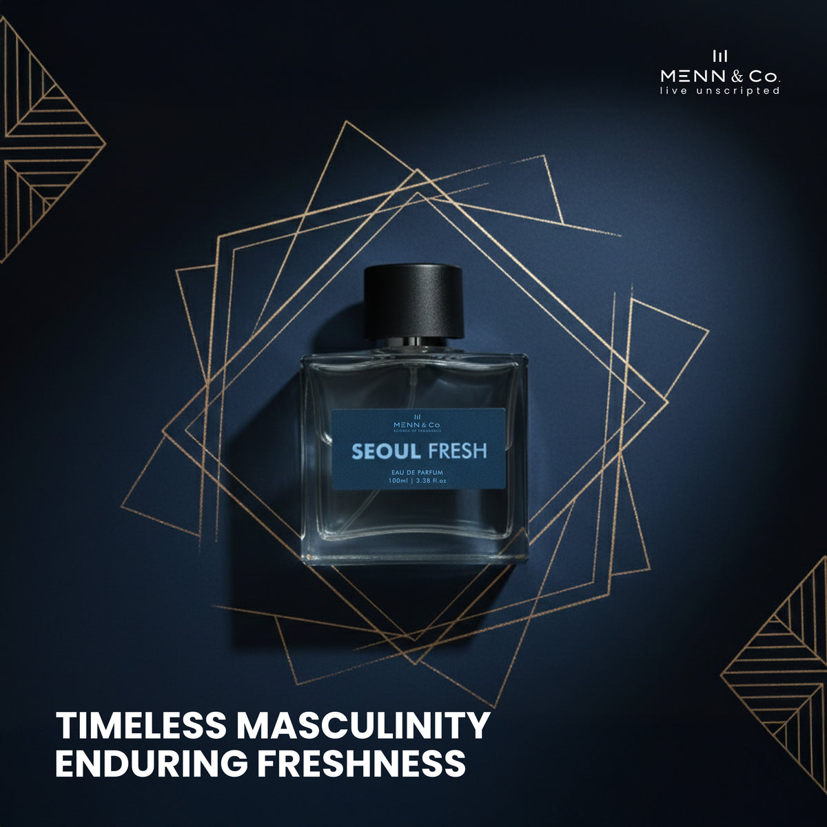 Perfume bottle labeled 'Seoul Fresh' by Menn & Co on a dark background with geometric shapes.