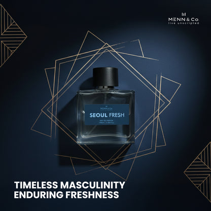 Perfume bottle labeled 'Seoul Fresh' by Menn & Co on a dark background with geometric shapes.