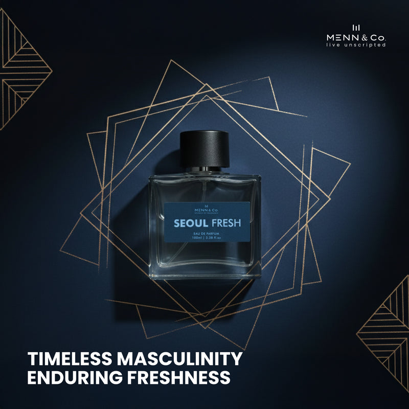 Perfume bottle labeled 'Seoul Fresh' by Menn & Co on a dark background with geometric shapes.