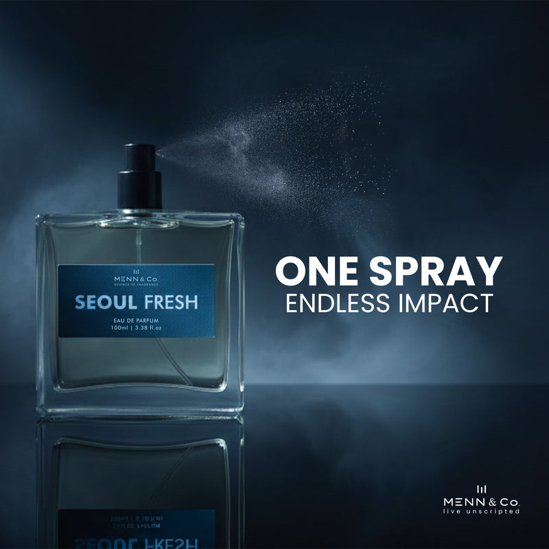 Perfume bottle labeled 'Seoul Fresh' with spray mist on a dark background, featuring the text 'One Spray Endless Impact'.