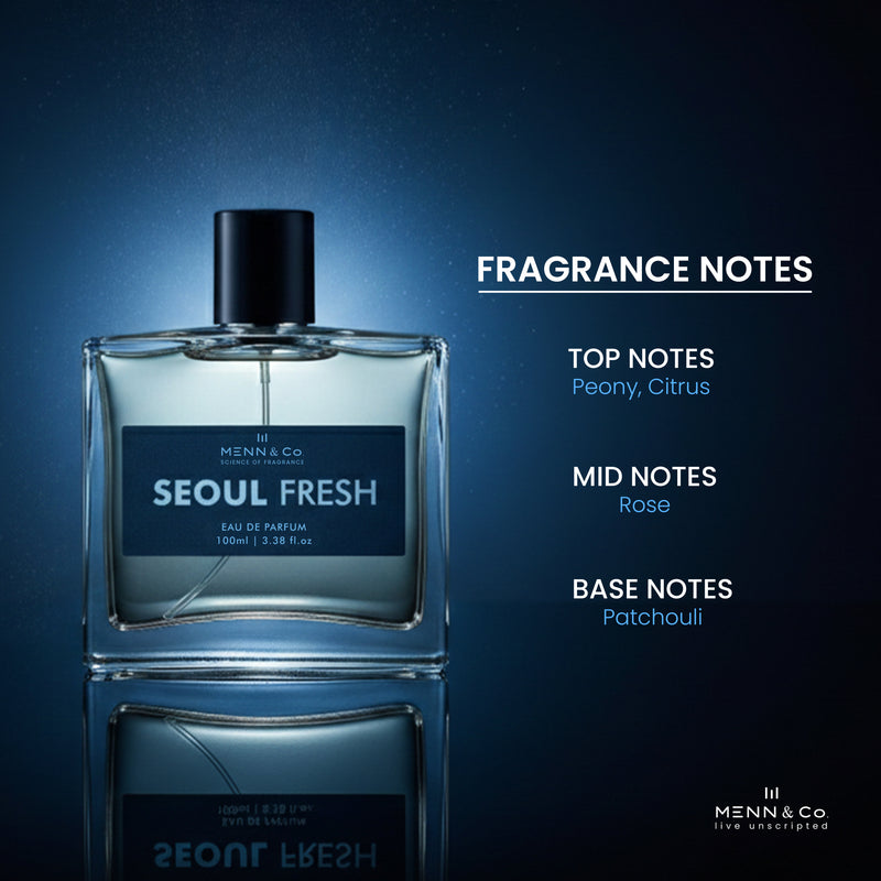 Menn & Co Seoul Fresh perfume bottle on a dark blue background with fragrance notes text.