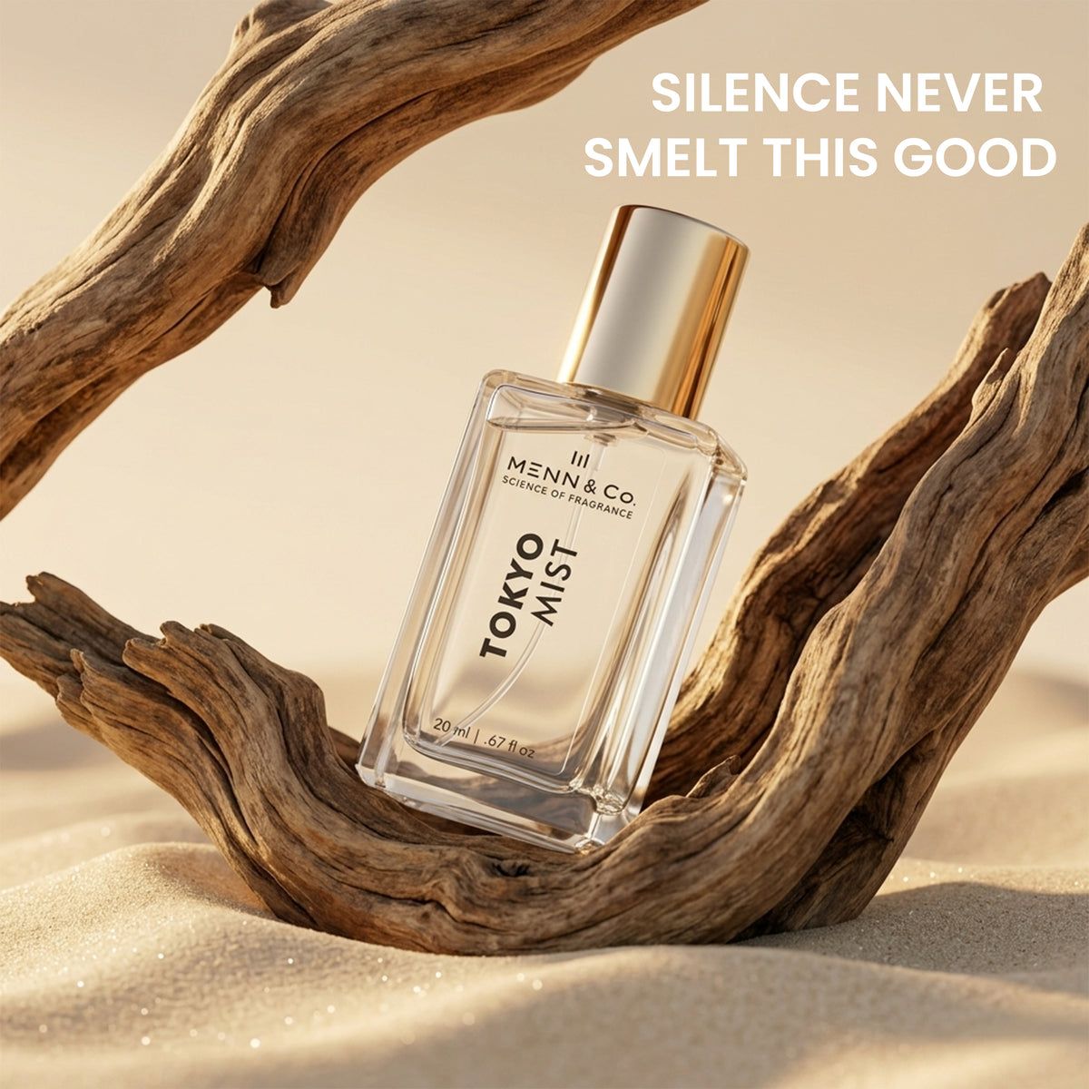 Perfume bottle labeled 'Tokyo Mist' by Mennen & Co on a wooden surface with sand.