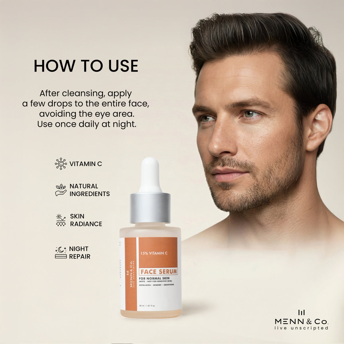 Menn & Co Vitamin C face serum with usage instructions and product details on a beige background