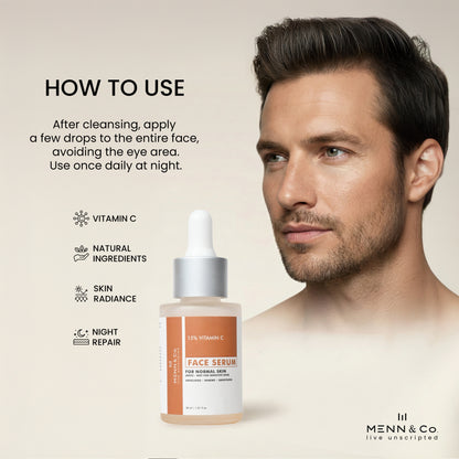 Menn & Co Vitamin C face serum with usage instructions and product details on a beige background