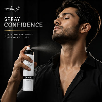 Man holding a Menn & Co spray bottle with text 'Spray Confidence' on a dark background