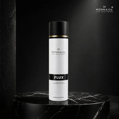 Menn & Co Flux body spray bottle on a dark background