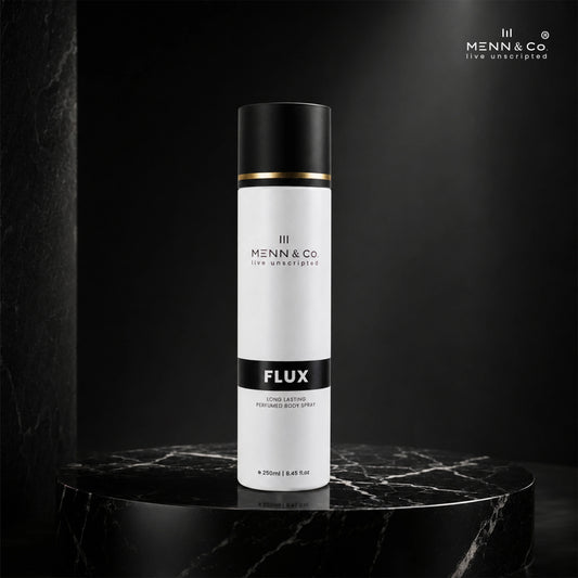 Menn & Co Flux body spray bottle on a dark background