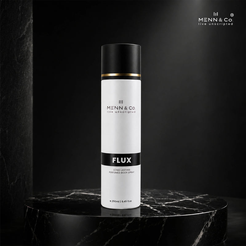 Menn & Co Flux body spray bottle on a dark background