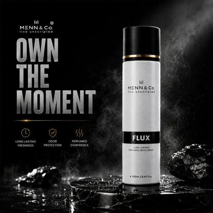 Menn & Co Flux body spray bottle with promotional text on a dark background