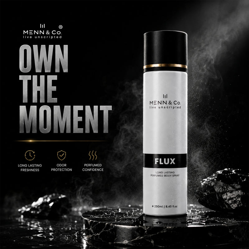 Menn & Co Flux body spray bottle with promotional text on a dark background