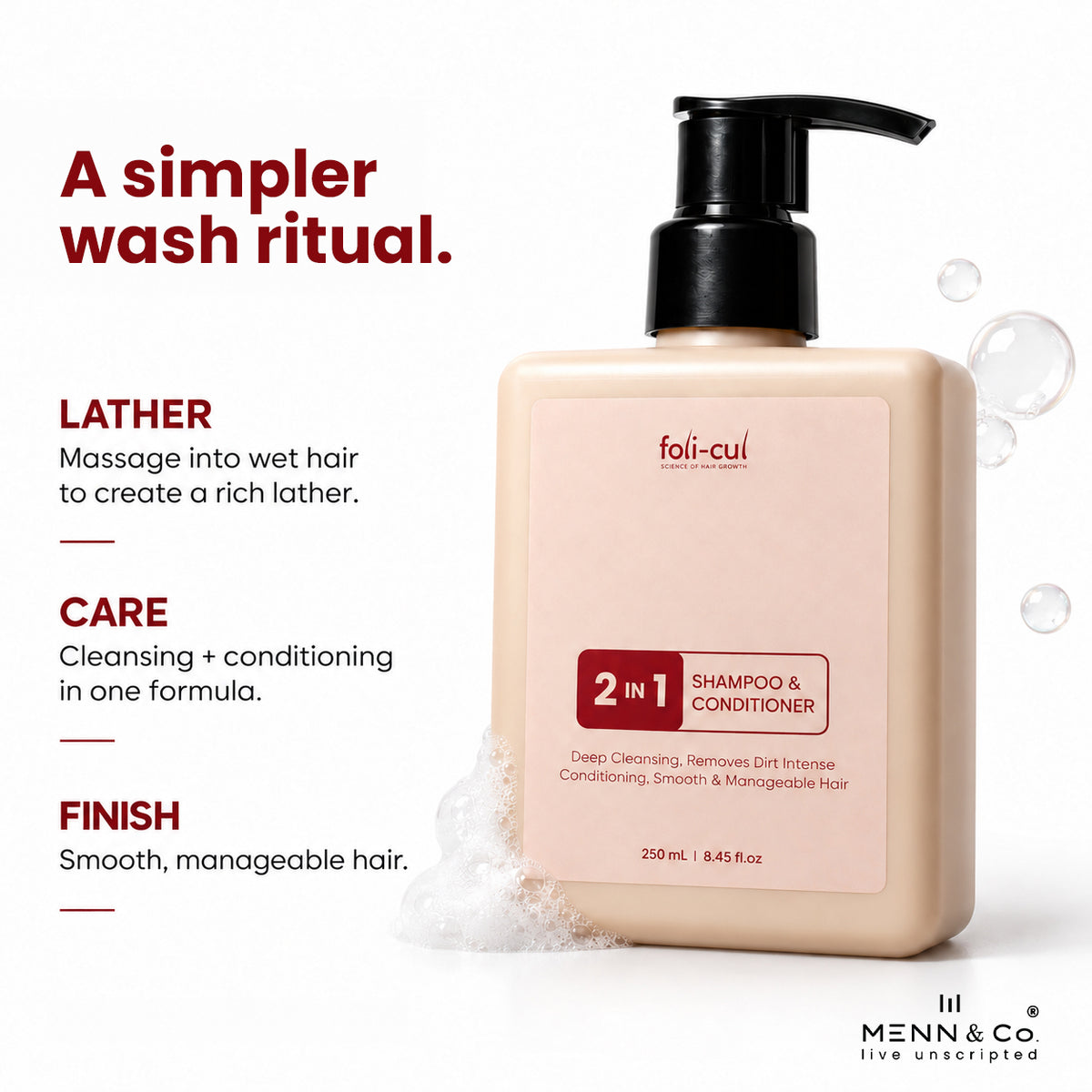 A bottle of foli-cul 2 in 1 Shampoo & Conditioner in a warm beige shade with a black pump dispenser, shown on a white background with promotional text and foam bubbles. The brand 'foli-cul' is visible on the front label.