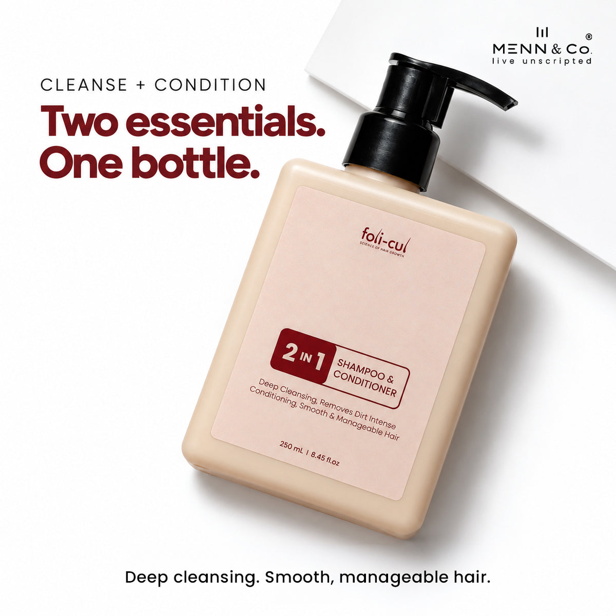 A bottle of foli-cul 2-in-1 Shampoo & Conditioner by Menn & Co, shown at an angle on a clean white background with promotional text.