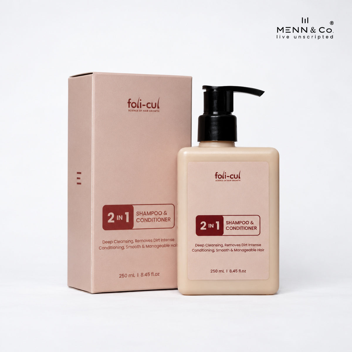 Menn & Co foli-cul 2-in-1 Shampoo & Conditioner set, featuring a beige pump bottle and its matching beige packaging box on a clean white background.