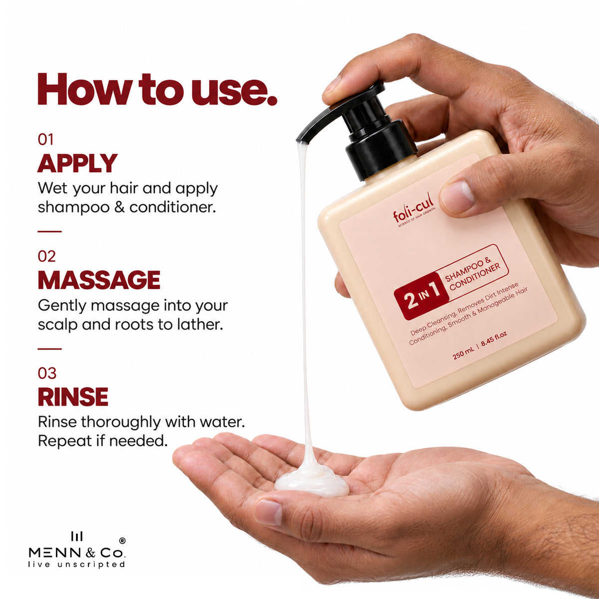 A hand holds a bottle of foli-cul 2 in 1 Shampoo & Conditioner while white foam is dispensed onto an open palm, with a white background and red text showing how to use the product.
