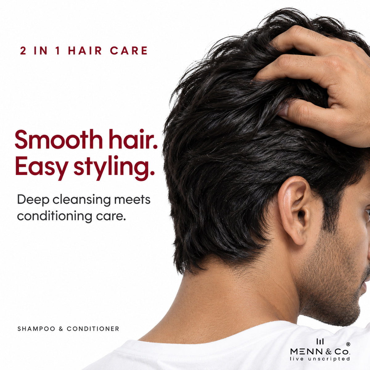 Promotional graphic for Menn & Co hair care showing a man from the back and side with dark, styled hair, his hand on his scalp, with text reading '2 IN 1 HAIR CARE', 'Smooth hair. Easy styling.