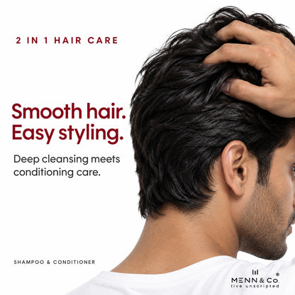 Promotional graphic for Menn & Co hair care showing a man from the back and side with dark, styled hair, his hand on his scalp, with text reading '2 IN 1 HAIR CARE', 'Smooth hair. Easy styling.