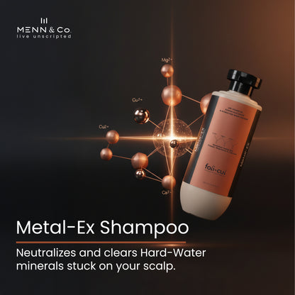 Menn & Co Metal-Ex Shampoo bottle with molecular structure on a dark background