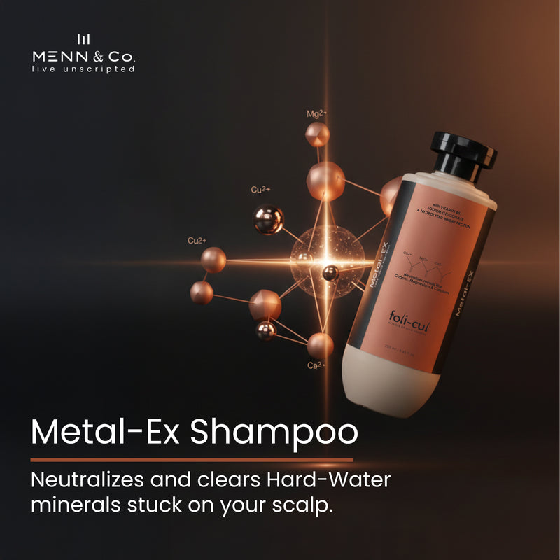 Menn & Co Metal-Ex Shampoo bottle with molecular structure on a dark background