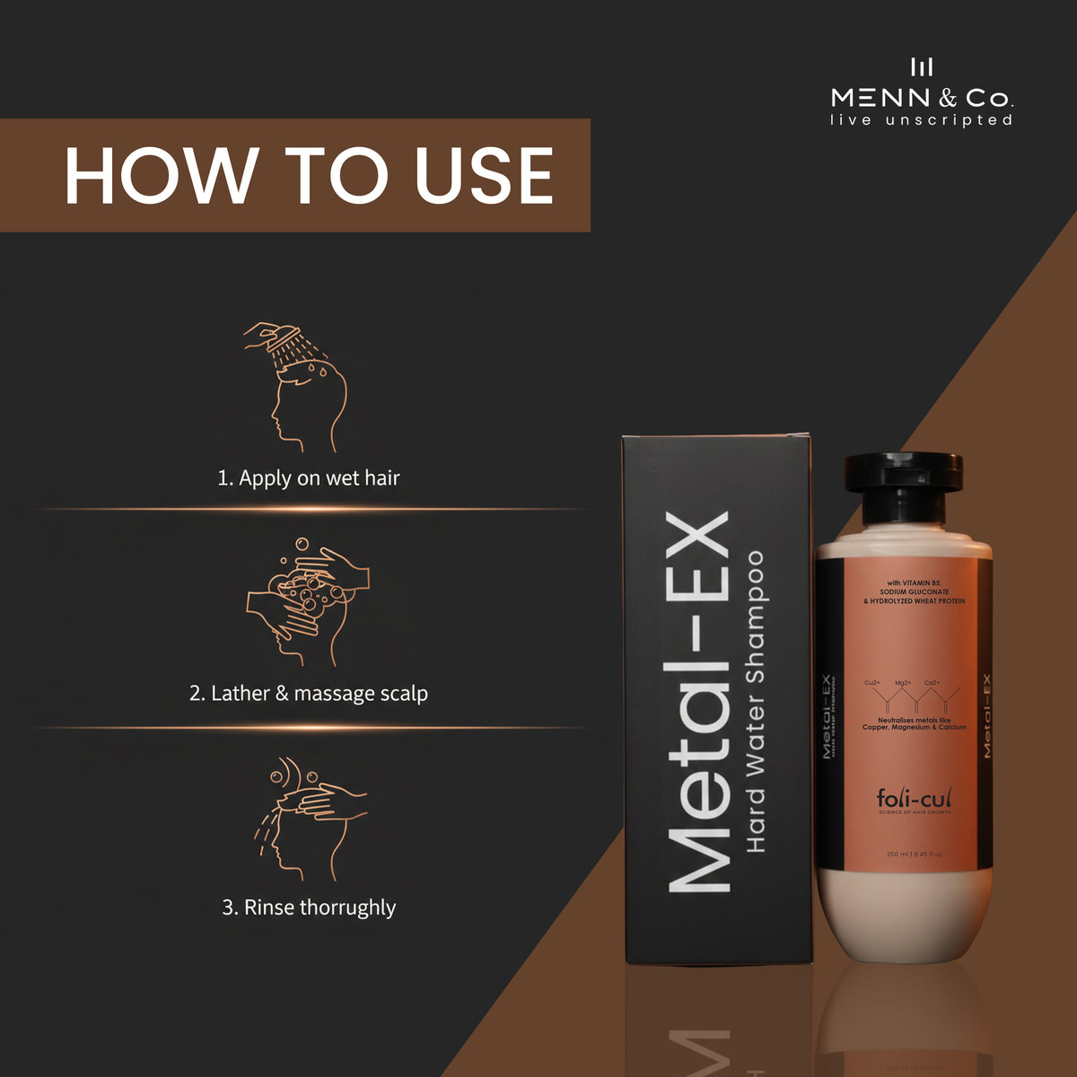 Metal-EX Hard Water Shampoo packaging with usage instructions on a dark background