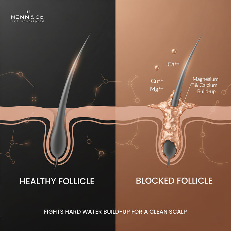 Diagram comparing healthy and blocked hair follicles with Menn & Co branding.