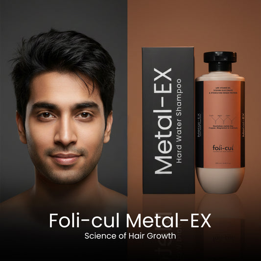 Foli-cul Metal-EX shampoo and conditioner with a man's face on a dark background