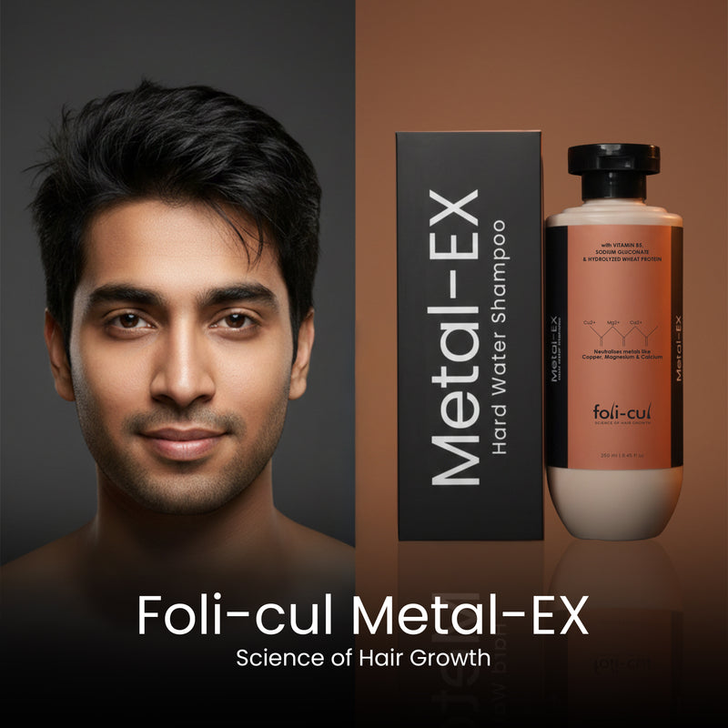 Foli-cul Metal-EX shampoo and conditioner with a man's face on a dark background