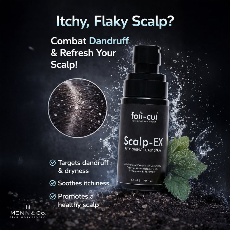 Foli-Cul Scalp-EX spray bottle with text on a dark background