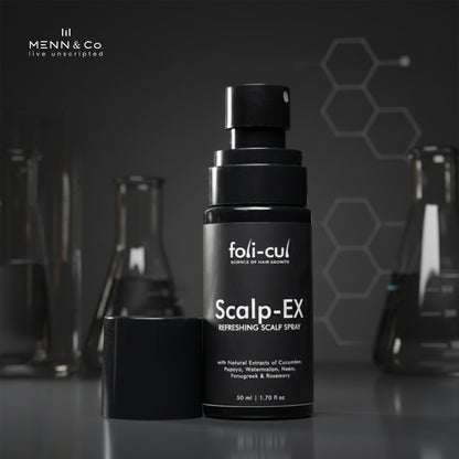 Foli-Cul Scalp-EX refreshing scalp spray bottle on a dark background with Menn & Co branding.