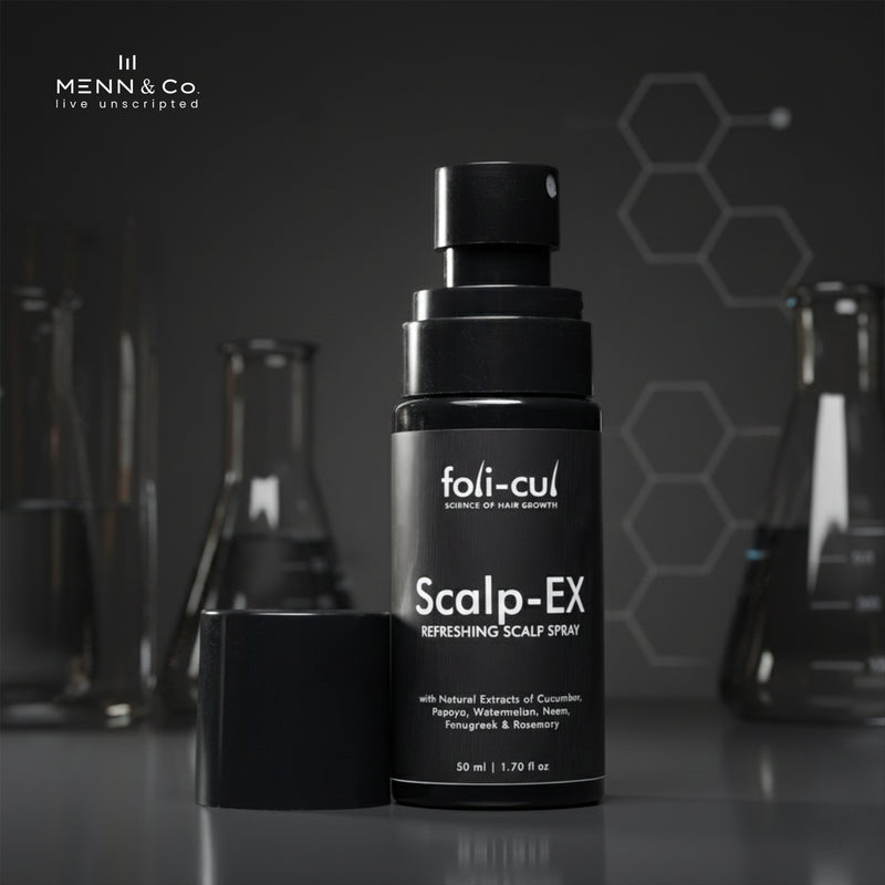 Foli-Cul Scalp-EX refreshing scalp spray bottle on a dark background with Menn & Co branding.