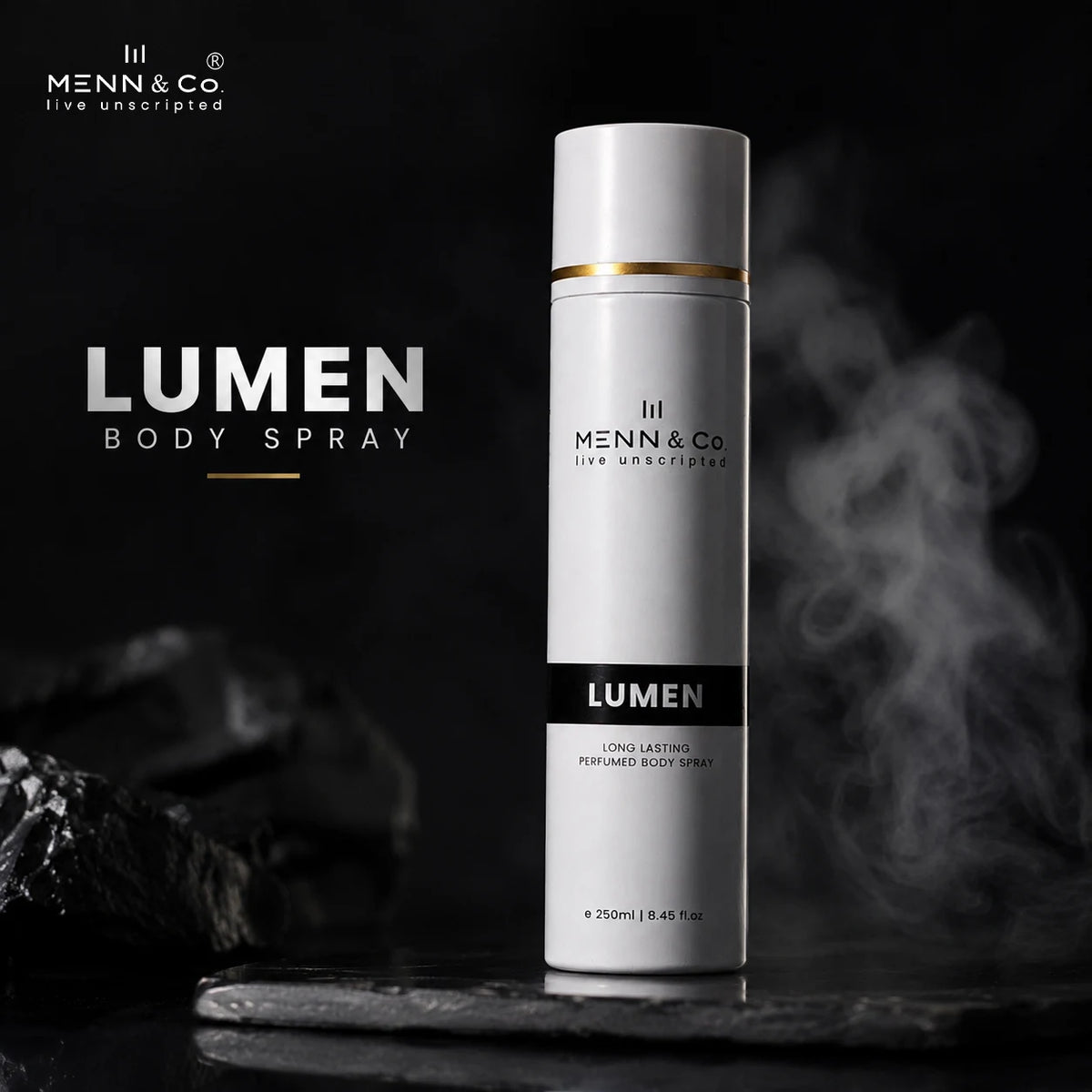 Menn & Co Lumen body spray bottle on a dark background