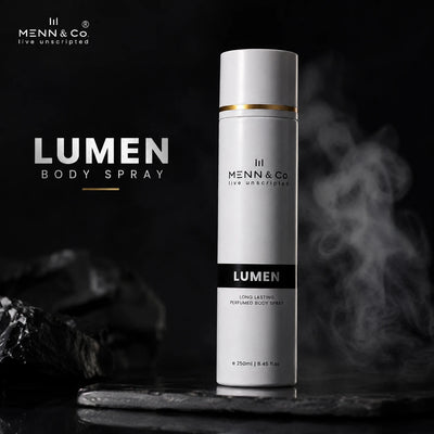 Menn & Co Lumen body spray bottle on a dark background