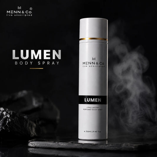 Menn & Co Lumen body spray bottle on a dark background