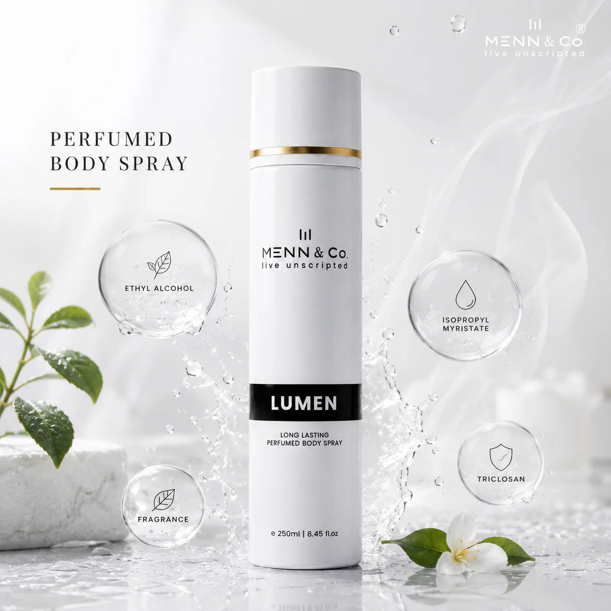 Menn & Co Lumen body spray bottle on a light background with brand name displayed