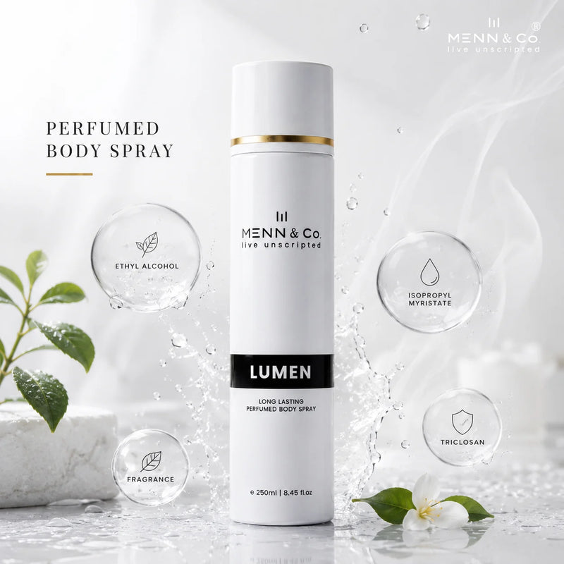 Menn & Co Lumen body spray bottle on a light background with brand name displayed