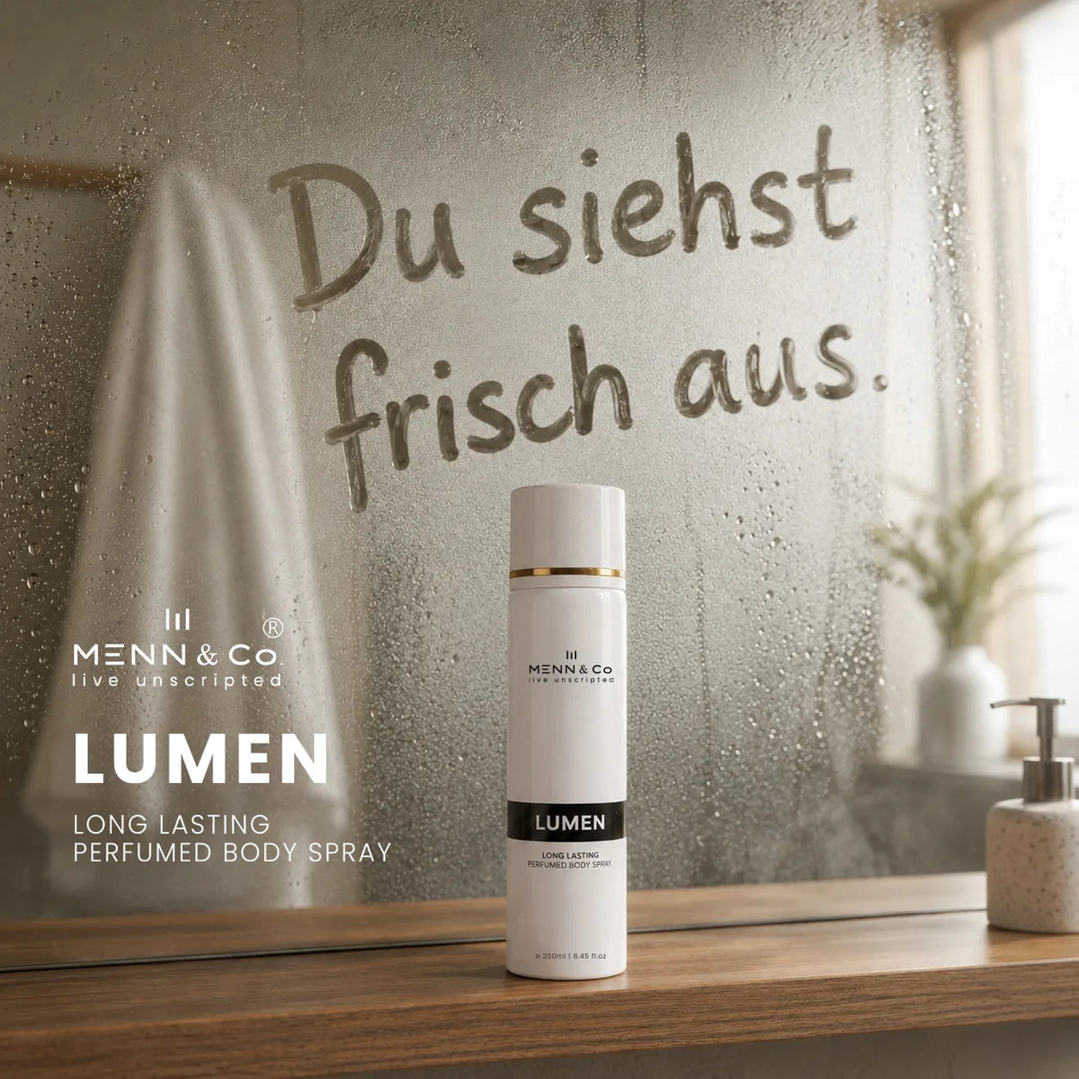 MENN & CO LUMEN body spray on a bathroom counter with a mirror in the background