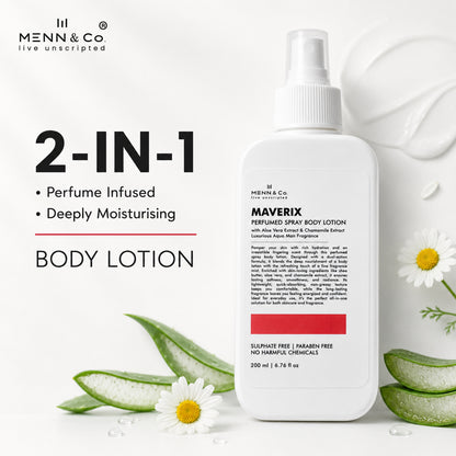 Menn & Co Maverix 2-in-1 body lotion bottle with aloevera leaves and flowers on a white background