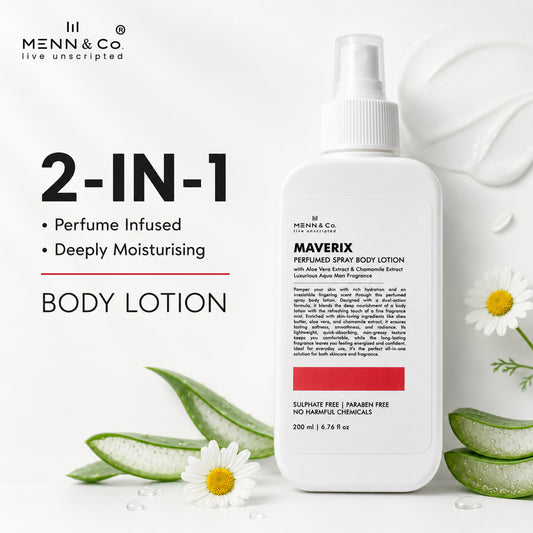 Menn & Co Maverix 2-in-1 body lotion bottle with aloevera leaves and flowers on a white background