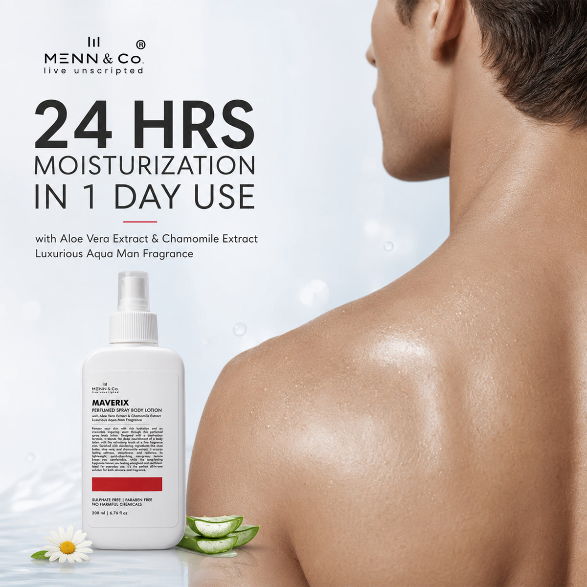 Menn & Co MAVERIX Perfumed Spray Body Lotion with a man's back and aloe vera leaves on a light background.
