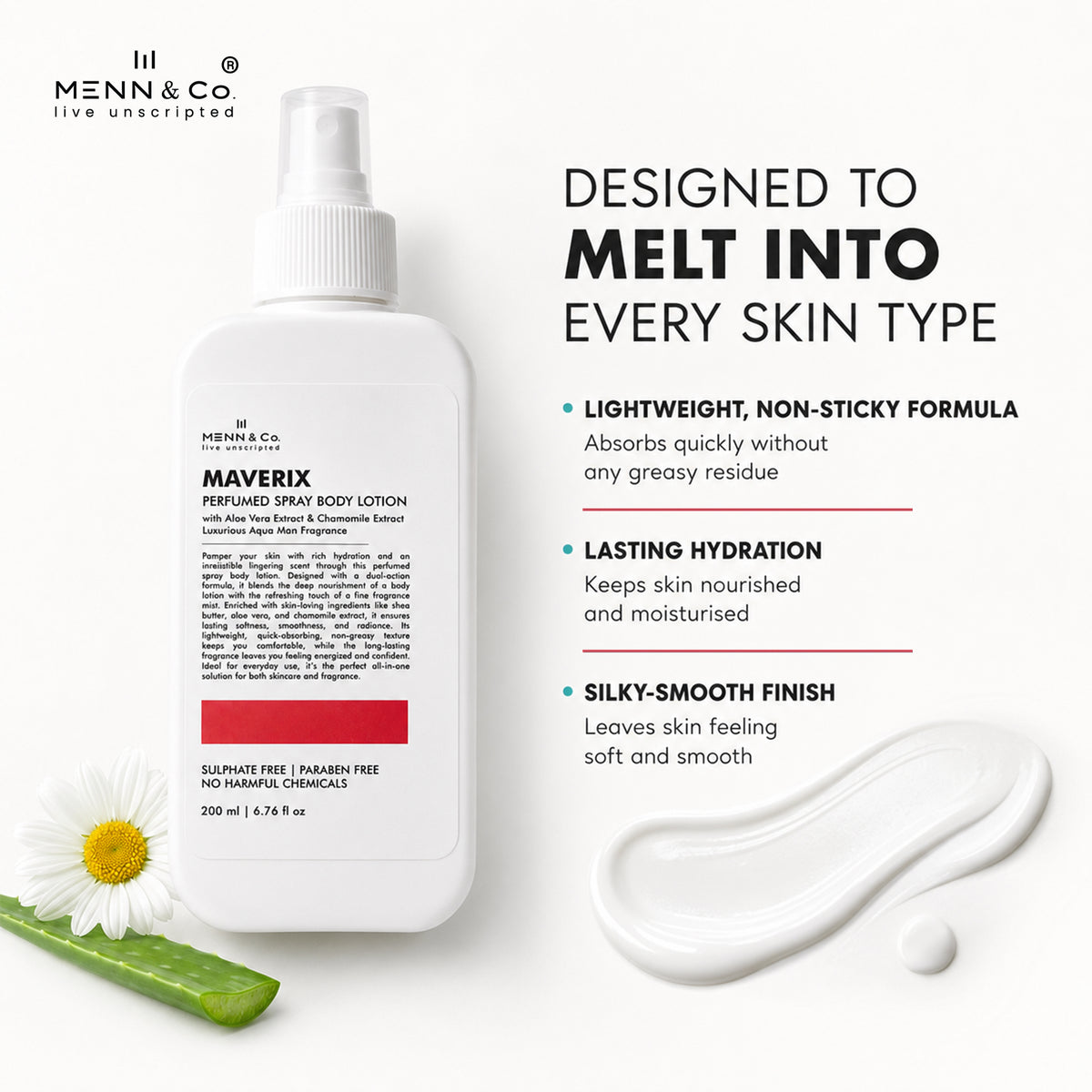 Menn & Co Maverix Perfumed Spray Body Lotion with product details on a white background