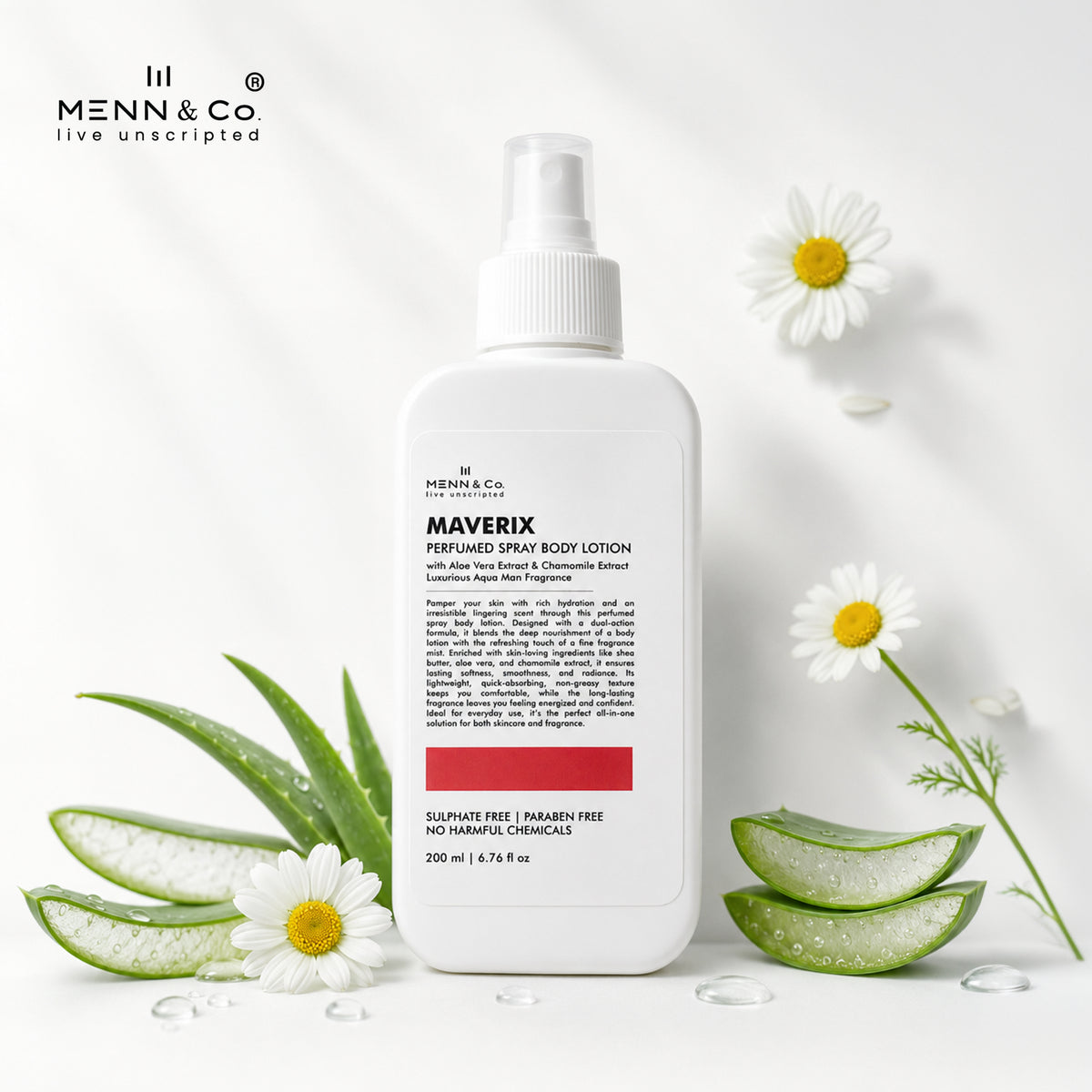 Menn & Co Maverix body lotion bottle with aloe vera leaves and daisies on a white background