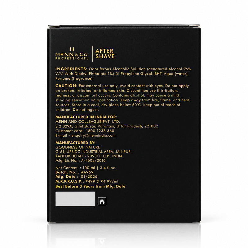 The back of a black Menn & Co Professional After Shave bottle box, featuring gold text with ingredients, warnings, and manufacturing details on a white background.
