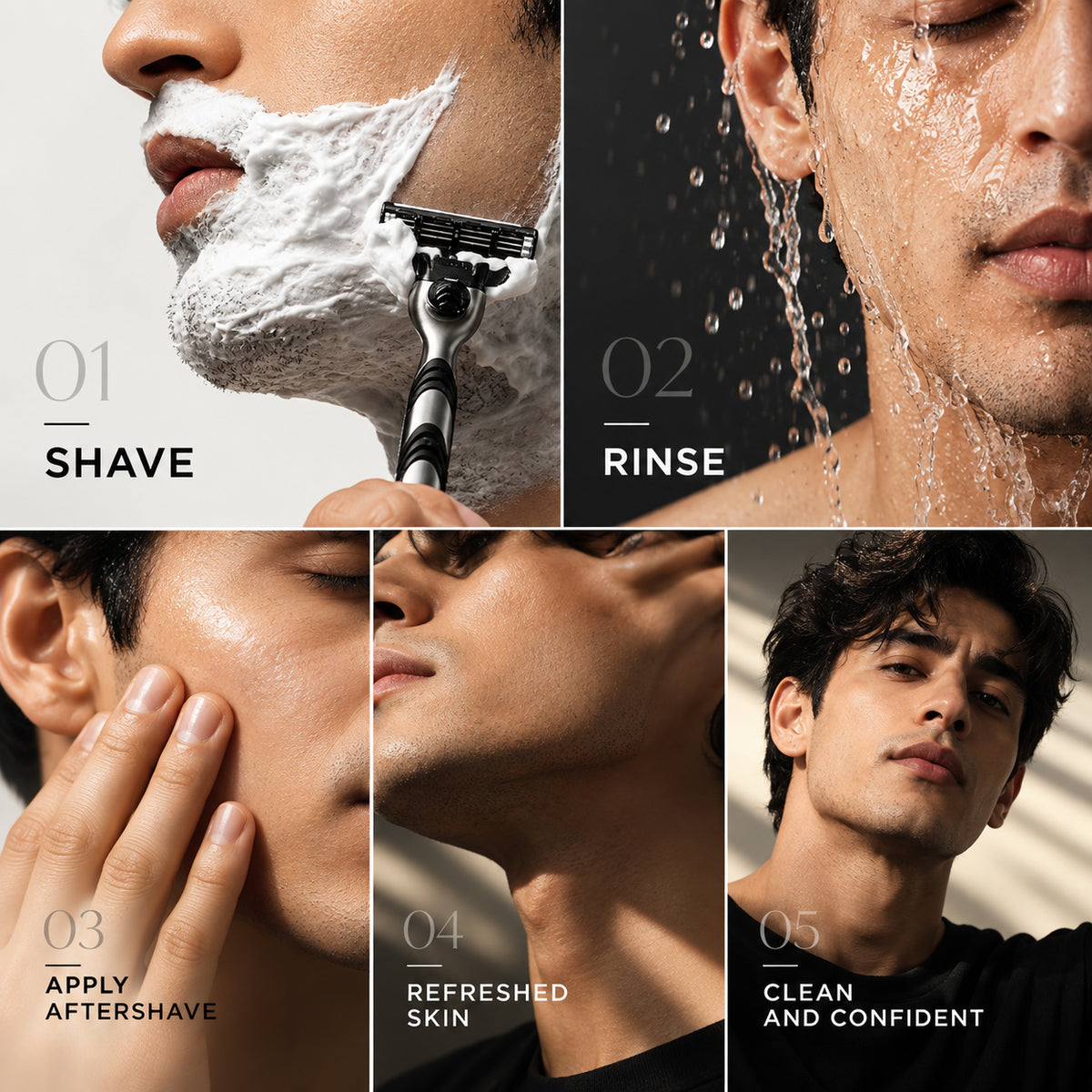 Five-panel grooming collage showing a man's face in different stages of shaving and post-shave care: shaving with white lather, rinsing under water, applying aftershave, refreshed skin, and a clean confident look. Text labels read '01 SHAVE', '02 RINSE', '03 APPLY AFTERSHAVE', '04 REFRESHED SKIN', and '05 CLEAN AND CONFIDENT'.