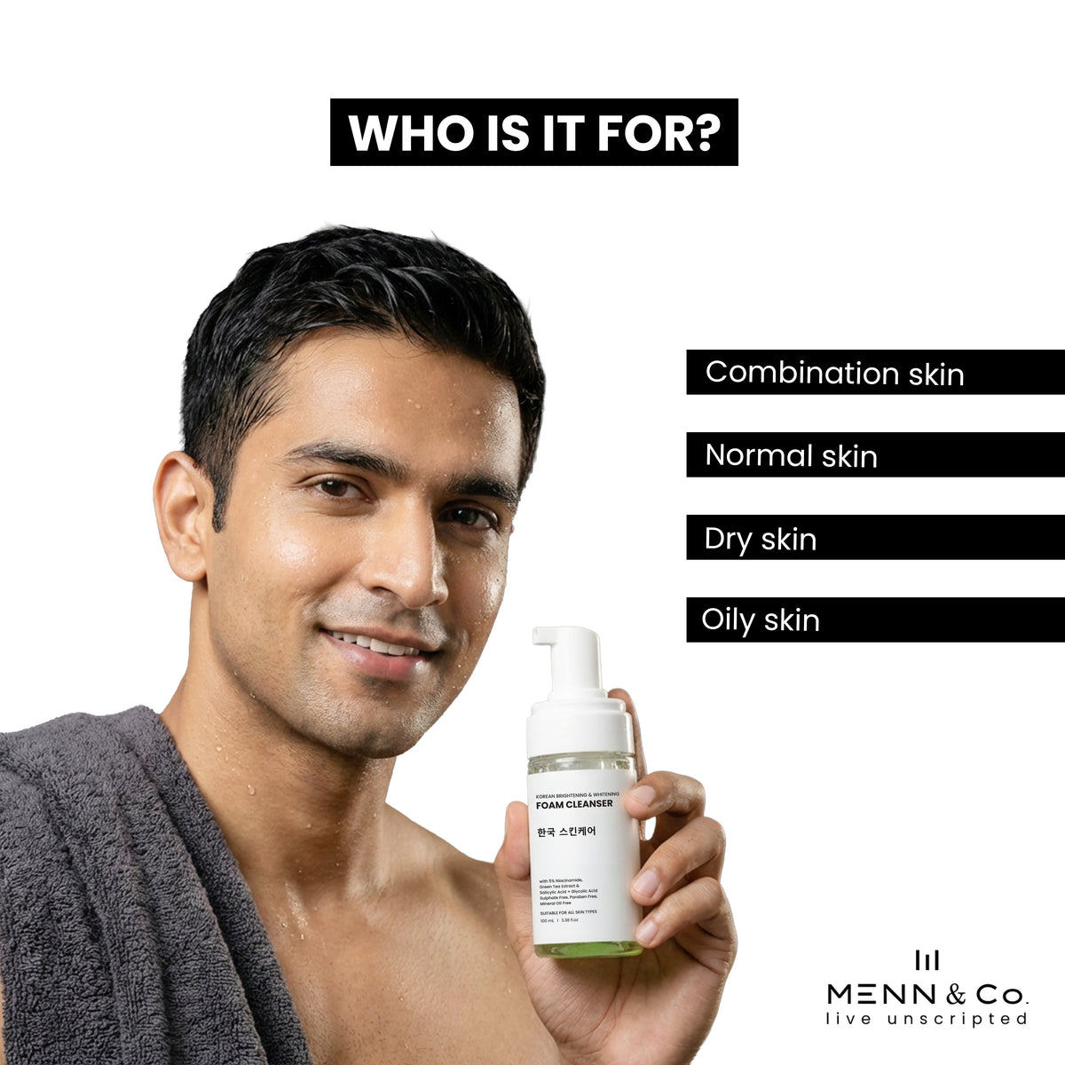 A man in a gray robe holds a bottle of Men's Foaming Cleanser against a white background, with text overlays indicating it is suitable for combination, normal, dry, and oily skin. The brand 'Menn & Co.
