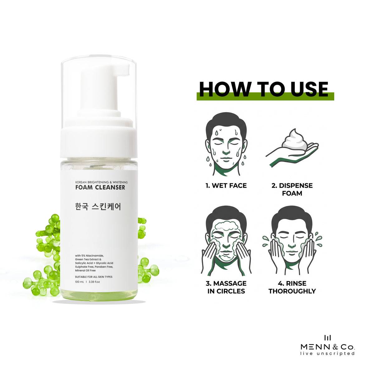 Foam cleanser bottle shown beside a 'HOW TO USE' diagram with illustrated steps for washing the face, dispensing foam, massaging in circles, and rinsing. The bottle is white with a clear cap and pump, and green leaf-like graphics appear near the base.