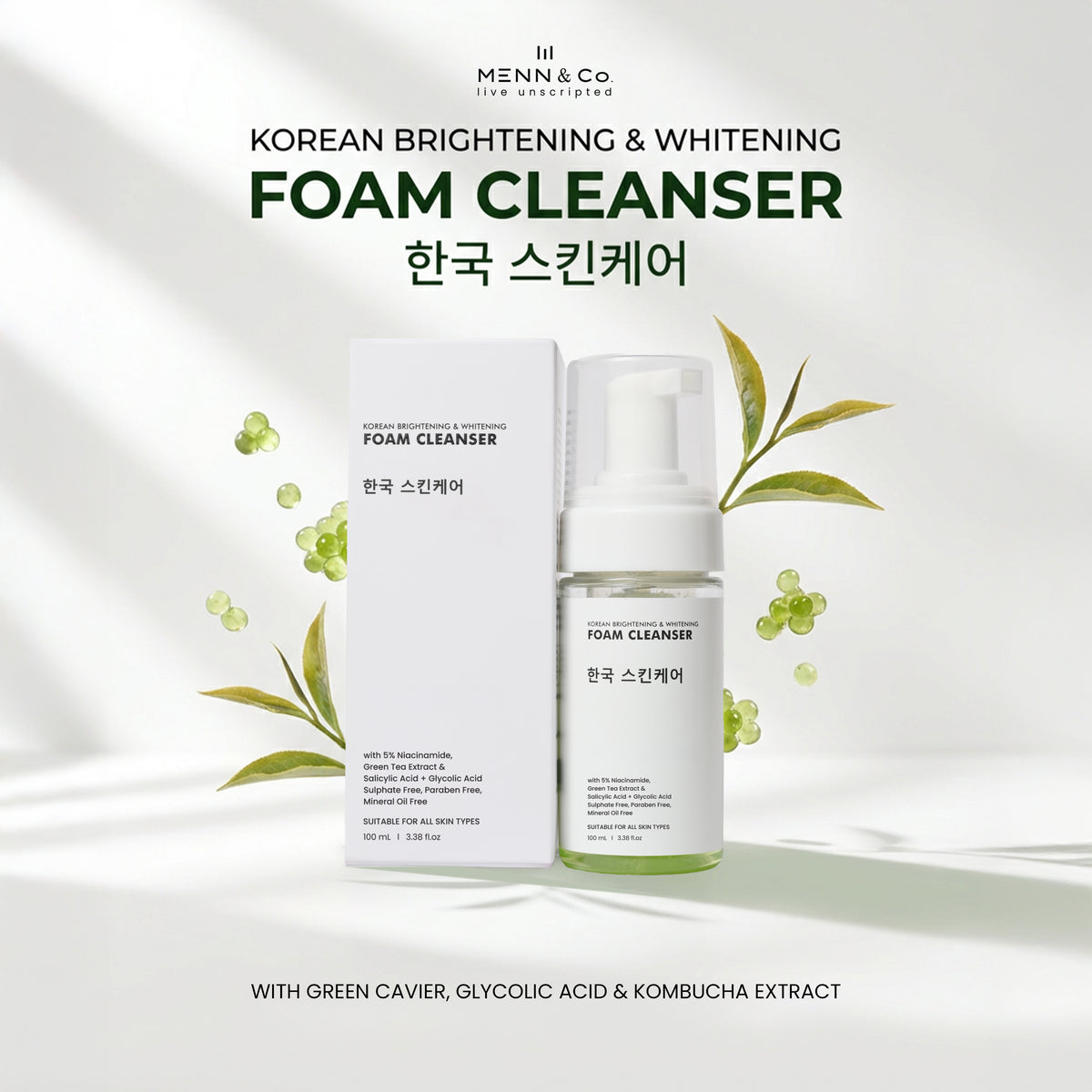 Menn & Co Korean Brightening & Whitening Foam Cleanser shown with its white box and pump bottle on a clean white background with soft leaf graphics and text.