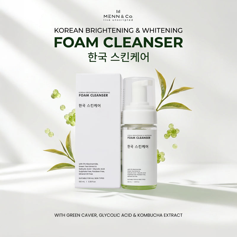 Menn & Co Korean Brightening & Whitening Foam Cleanser shown with its white box and pump bottle on a clean white background with soft leaf graphics and text.