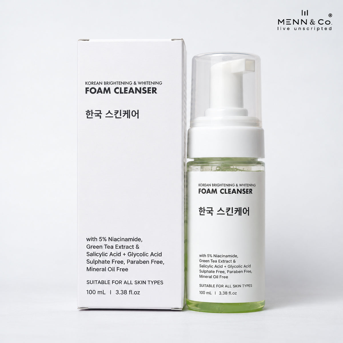 Menn & Co Korean Brightening & Whitening Foam Cleanser shown with its white packaging box and a clear pump bottle containing pale yellow-green liquid, on a clean white background.