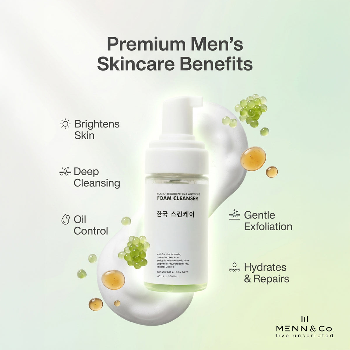 A bottle of men's skincare foam cleanser centered on a pale mint-green background with marketing text and benefit callouts around it. The bottle is white with a pump and Korean label text, surrounded by illustrated oil droplets and green grape graphics.