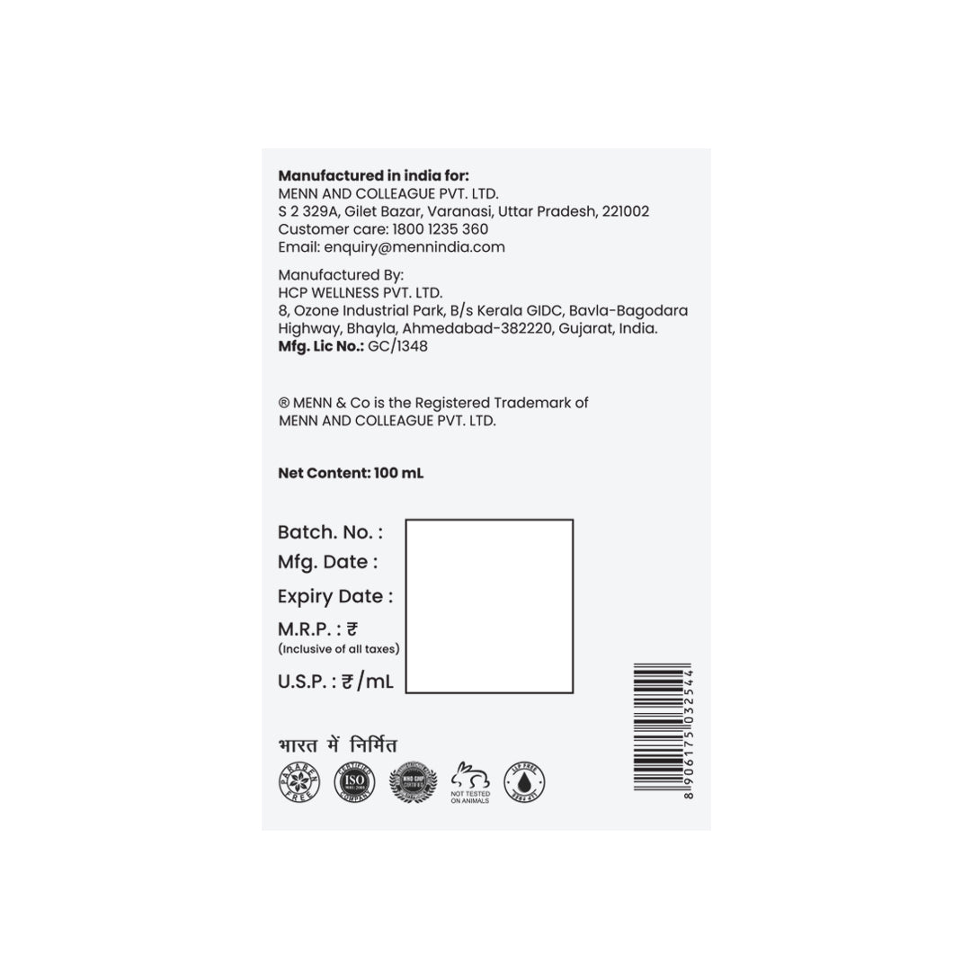 The back of a 100 mL bottle packaging, showing manufacturer details for MENN AND COLLEAGUE PVT. LTD.
