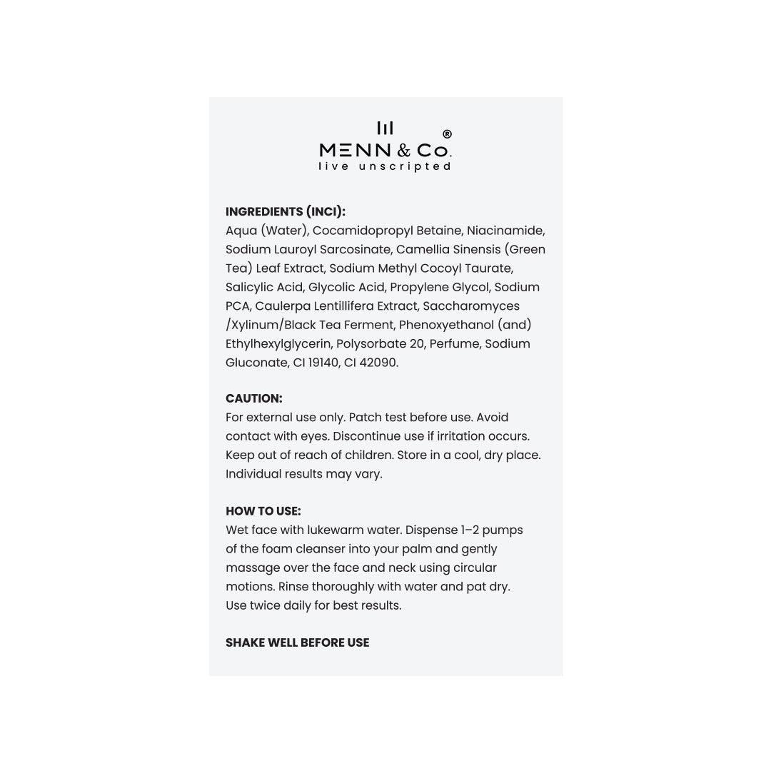 A white rectangular card with black text on a white background, featuring the Menn & Co logo at the top and product information including ingredients, caution, how to use, and shaking well before use.